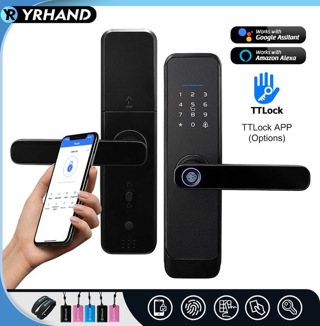 YRHAND Intelligentes Türschloss in Schwarz mit Fingerabdruck, WLAN, Bluetooth und TTLock App-Steuerung, wasserdichtes digitales elektronisches Schloss mit Code und Karte - Bild 1
