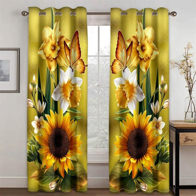 Yiran Furniture Vorhänge im Retro-Stil mit Rosenblumen-Muster, 2er-Set, Rot und Gelb, halbtransparent, B: 60 cm, H: 60 cm - Bild 1