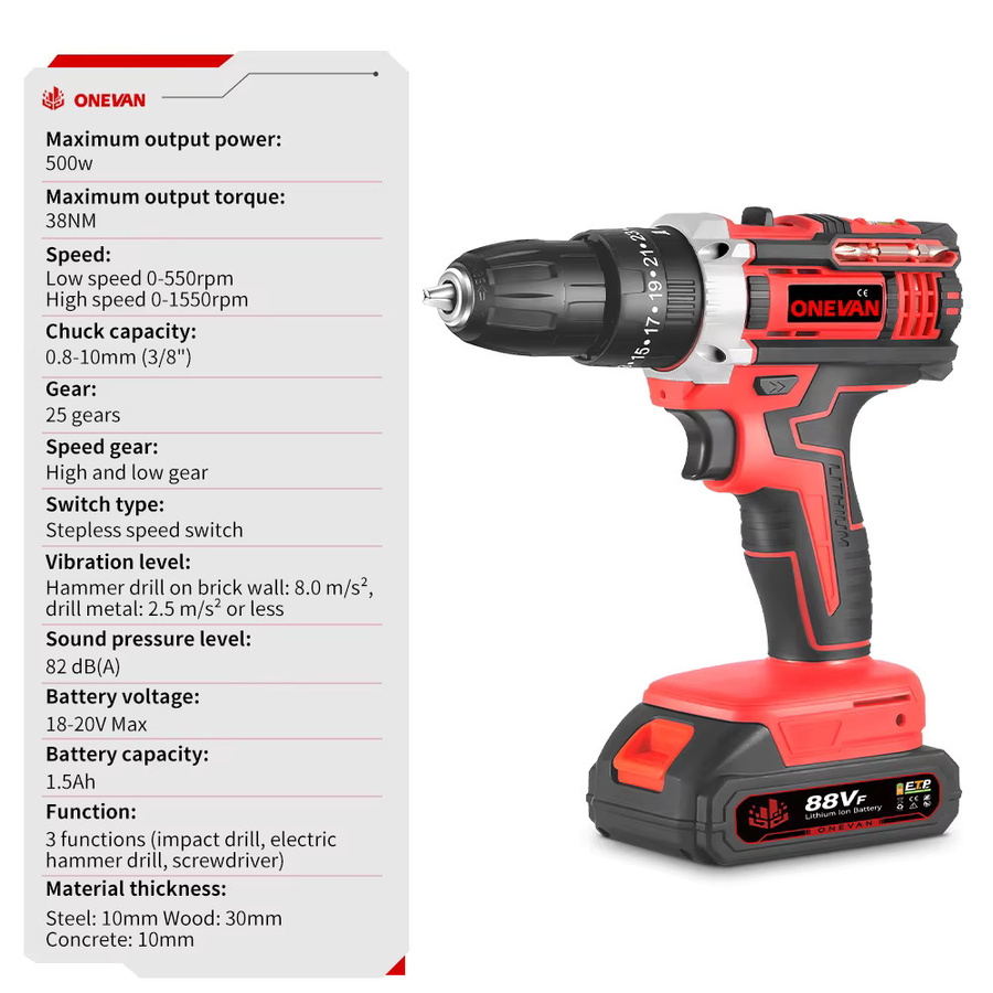 ONEVAN Akku-Bohrmaschine 500W mit 38N.M Drehmoment und Werkzeugset kompatibel mit Makita-Akku-Pin - Bild 3
