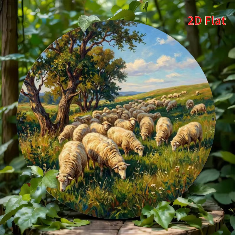 Rundes Vintage Aluminium-Blechschild von CIFBUY mit Schafschwarm-Motiv in Grün und Multicolour zur Wanddekoration - Bild 3
