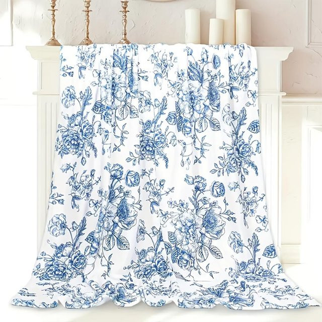 JMG Household Supplies Vintage Überwurfdecke mit blauem Toile-Blumenmuster, weich und gemütlich, B/H: 100 x 70 cm - Bild 1