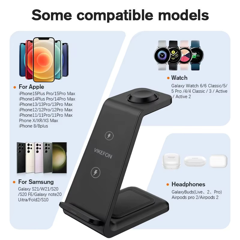 VIKEFON 3-in-1 kabelloser Ladeständer Schwarz für iPhone, Samsung Galaxy und Apple Watch sowie AirPods Pro als Schnellladestation - Bild 4