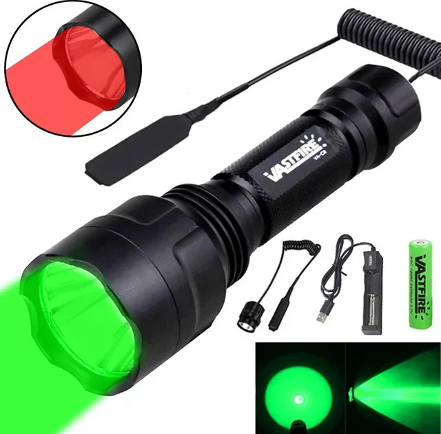 LED Taktische Jagdtaschenlampe C8 mit 350 Lumen, USB aufladbar, RGB Lichtfarben Grün/Rot/Weiß, Aluminiumgehäuse - Bild 1