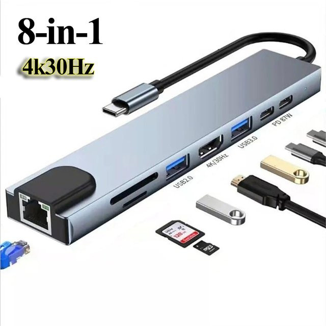 8-in-1 USB-C Hub Multi-Terminal-Adapter in Grau mit 4K HDMI, USB 3.0, USB 2.0 sowie SD/TF-Kartenleser für MacBook, Pro und iPad Pro - Bild 1