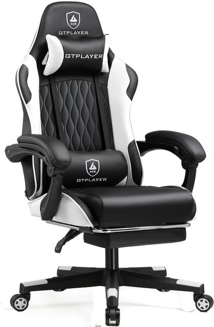 GTPLAYER Gaming Stuhl in Schwarz-Weiß, ergonomischer Gamer Stuhl aus Kunstleder mit Fußstütze, Kopfkissen und verstellbarer Lendenstütze - Bild 1