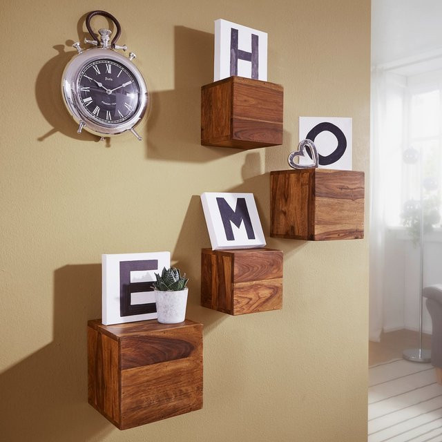 KADIMA DESIGN Set aus 4 Wandregalen im Cubes Design aus Sheesham Massivholz, braun, B/T/H: 25 x 25 x 25 cm pro Regal - Bild 1