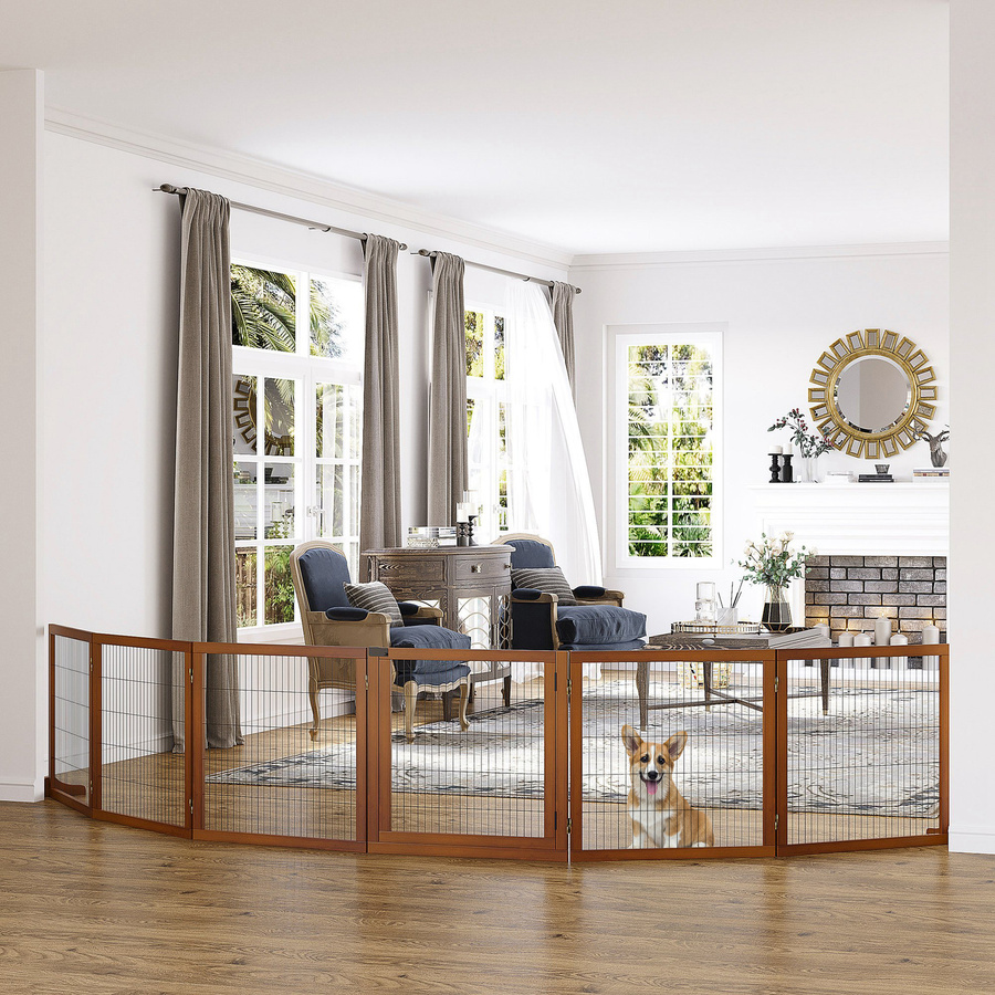 PawHut Hund Absperrgitter 6-teilig aus Kiefer Holz in Braun, Faltbares Treppengitter und Türschutzgitter für Flur und Schlafzimmer, B/H/L: 432 x 70 x 36 cm - Bild 2