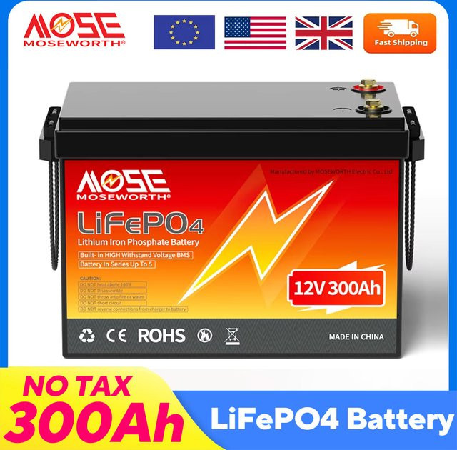 MOSEWORTH 12V 300Ah LiFePO4-Akku Lithium-Eisenphosphat-Batterie mit 200A BMS in Schwarz für Solar, RV und Camper - Bild 1