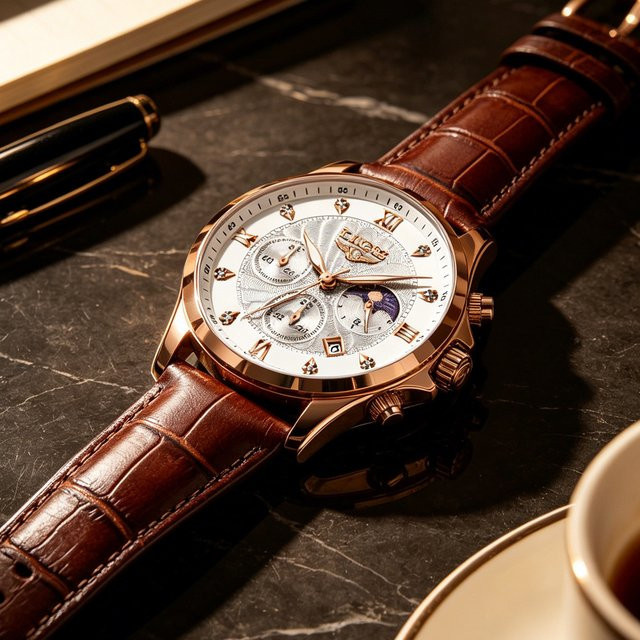 LIGE Armbanduhr, Chronograph, Quarz, Leder, Schwarz, Herren - Bild 1