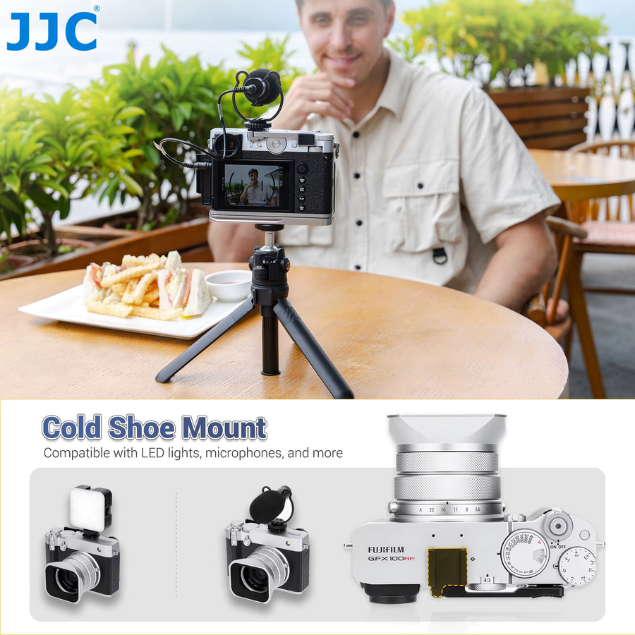 JJC Daumen-Up-Griff aus Metall für Fujifilm GFX100RF in Schwarz mit Kaltschuh-Halterung für LED-Licht und Mikrofon - Bild 5