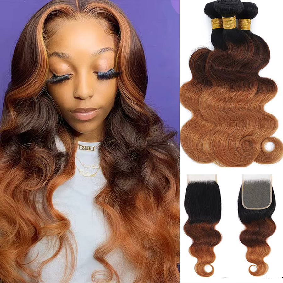 Tendresse Remy Echthaar Body Wave Bundles mit HD Lace Closure, Ombre Bouncy Wave, 3/4 Bundles mit 4x4 Closure - Bild 4