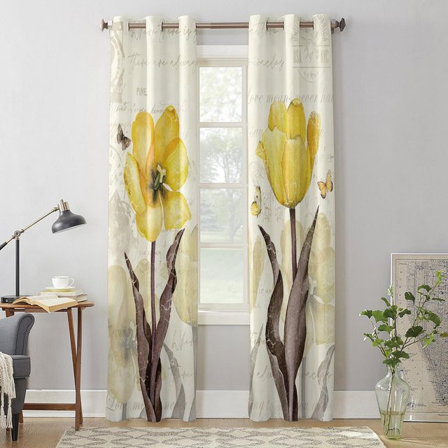 Binchi Vorhang mit Blumen, Schmetterlingen und gelben Tulpen in Weiß, B: 135 cm, H: 60 cm - Bild 1