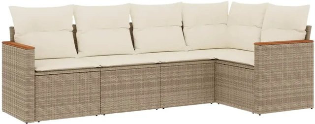 vidaXL 5-teilige Garten-Sofagarnitur in L-Form aus Poly-Rattan in Beige mit Kissen und pulverbeschichtetem Stahlgestell - Bild 1