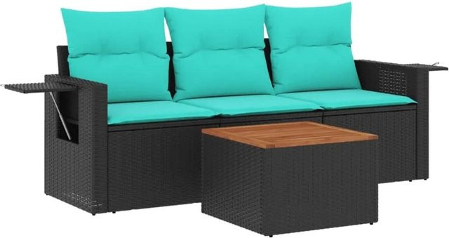 vidaXL 4-teiliges Gartensofa-Set aus schwarzem Polyrattan mit blauen Kissen für Garten und Terrasse - Bild 1