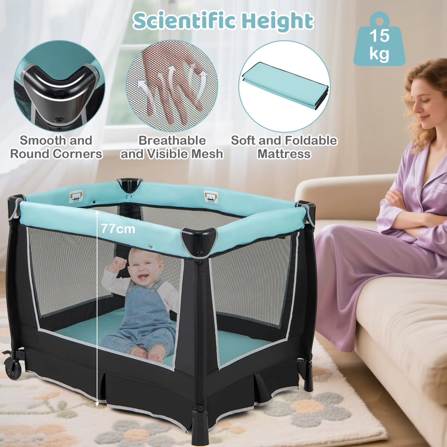 GOFLAME 6-in-1 Reisebett mit Matratze, mobile Babywiege mit verstellbarem Baldachin, faltbares Babybett inklusive Wickelunterlage und Spieluhr, Grün - Bild 5