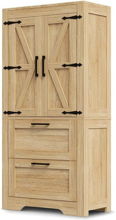 Merax Küchenschrank im Landhausstil aus Naturholz in Braun mit 2 Schubladen und Scheunentor-Türen, B/T/H: 76,0 x 128,0 x 30,0 cm
