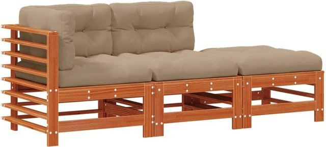 vidaXL Garten-Lounge-Set aus massivem Kiefernholz in Wachsbraun mit 3-teiliger L-Form, Polster-Sofa, 2-Sitzer und Ottoman in Beige - Bild 1
