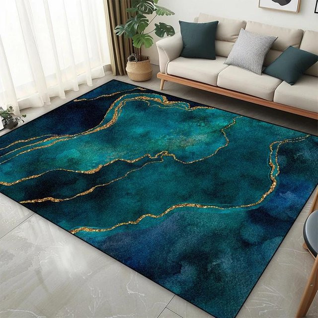 Moderner Teppich im nordischen Stil mit abstraktem Streifenmuster in Blau, rutschfest und waschbar, B/T: 140 x 200 cm - Bild 1