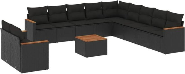 vidaXL 12-tlg. Garten-Sofagarnitur in L-Form aus Poly-Rattan mit Kissen in Schwarz - Bild 1