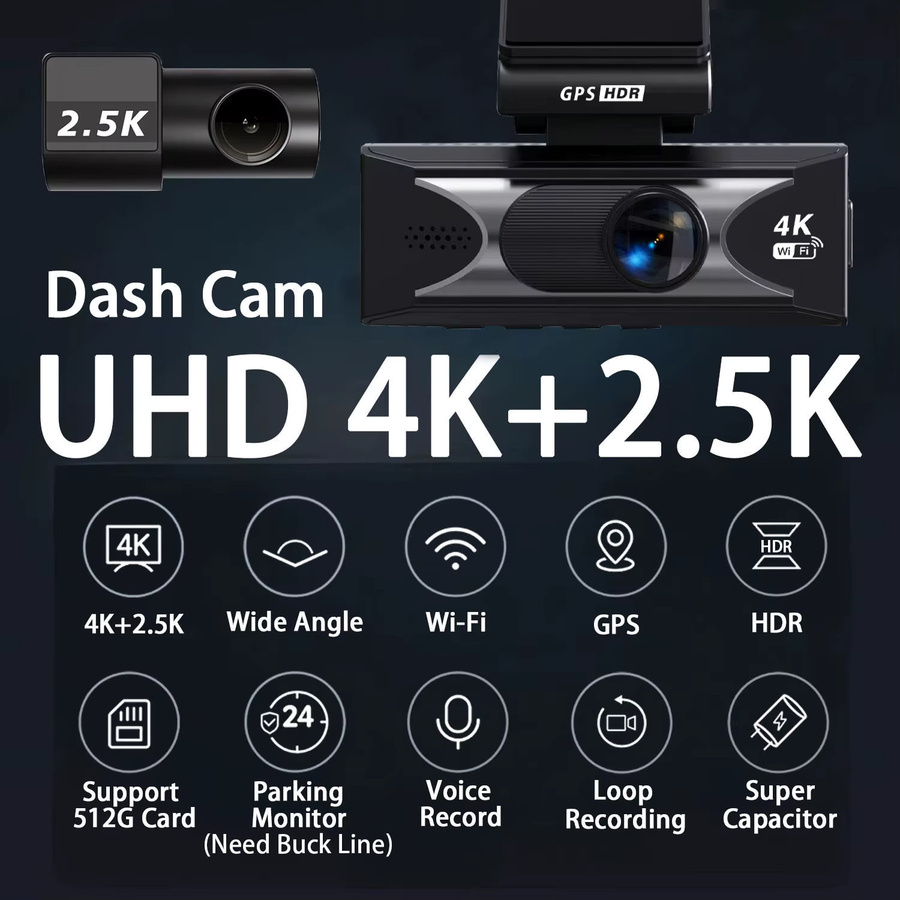 4K UHD Dash Cam mit Dual Objektiv, ADAS, 5G WiFi und GPS, Video Drive Recorder mit HDR Nachtsicht, Schwarz - Bild 2