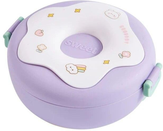 MTMA Lunchbox für Kinder mit Donut-Cartoon, auslaufsichere Bento-Box in Violett mit 3 Fächern, inklusive Besteck und mikrowellengeeignet - Bild 1