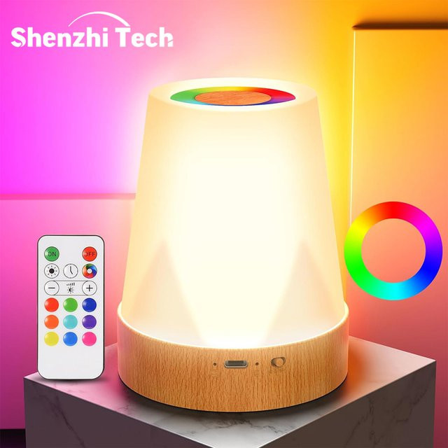 Shenzhi Tech Smart Nachtlicht mit RGB-Farbwechsel, Touch-Steuerung und Fernbedienung, Tischlampe mit Timer für Schlafzimmer und Wohnzimmer, Weiß/Mehrfarbig - Bild 1