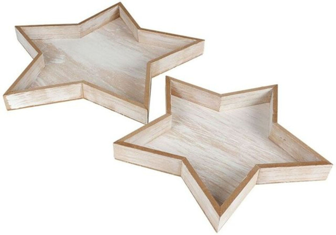 Buri Dekotablett-Set Stern 2-teilig aus Holz in Natur mit Used-Look und Vintage-Design für Weihnachten - Bild 1