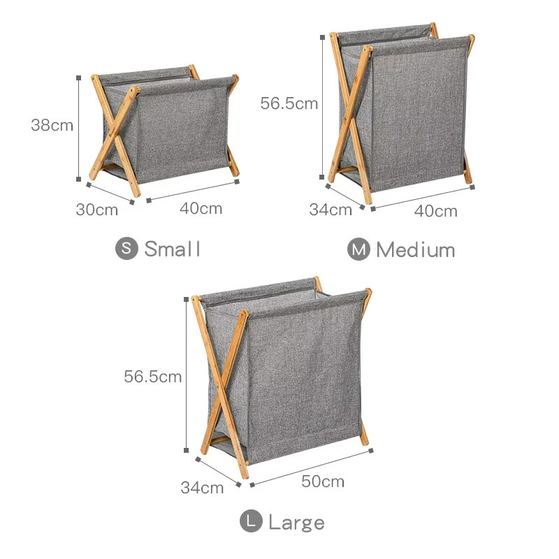 Faltbarer Wäschekorb im japanischen Stil aus Baumwolle und Leinen mit Holzhalterung, Grau/Mehrfarbig, B/T/H: 40 x 38 x 30 cm - Bild 3