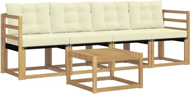vidaXL Outdoor-Sofagarnitur 5-teilig aus Akazienholz mit Kissen in Weiß und Beige - Bild 1