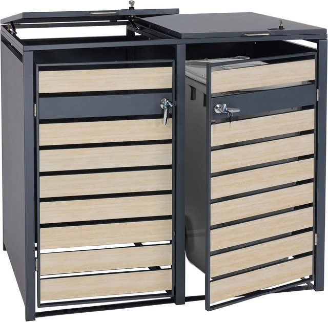 MCW 2er Mülltonnenverkleidung J81 Mülltonnenbox aus Metall in Anthrazit mit Buche-Holzoptik Hellbraun, B/T/H: 117 x 132 x 80 cm - Bild 1