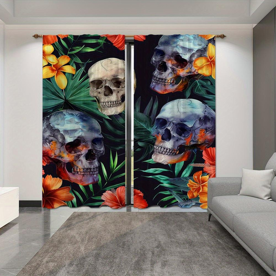 2er-Set dekorative Totenkopf-Vorhänge von Yiran Furniture, halbtransparent, mehrfarbig, Breite: 100 cm, Höhe: 130 cm - Bild 1