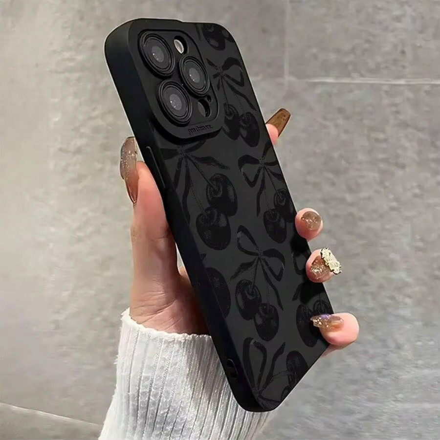 Schwarze Handyhülle mit Kirschmuster für Apple iPhone 11 bis iPhone 17 Pro Max und XS XR XS Max mit Anti-Sturz-Schutz - Bild 2
