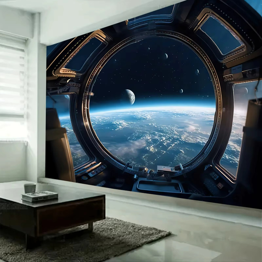 VIKAMA Wandbehang Raumkapsel Sci-Fi Motiv mit Kuh, Erde und Galaxie, Rechteckiger Textiler Wandbehang für Wohnzimmer und Arbeitszimmer, Breite: 180 cm, Höhe: 40 cm - Bild 3
