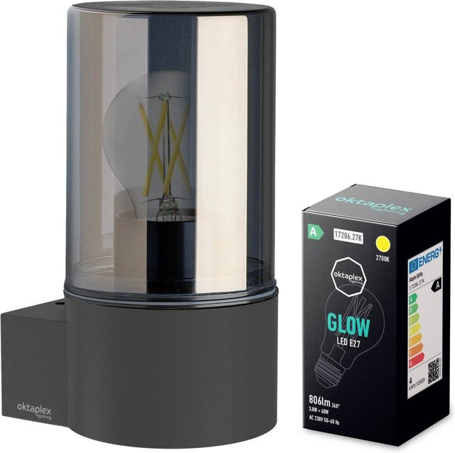 Oktaplex Puno Wandleuchte Außen Aluminium mit Rauchglas in Anthrazit und Transparent, E27, IP44 - Bild 1