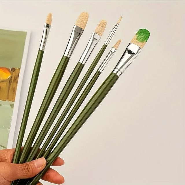 6-teiliges professionelles Haselnuss-Pinsel-Set von Yutiars mit natürlichen Chungking-Schweineborsten und langen Holzgriffen in Grün für Öl- und Acrylmalerei - Bild 1