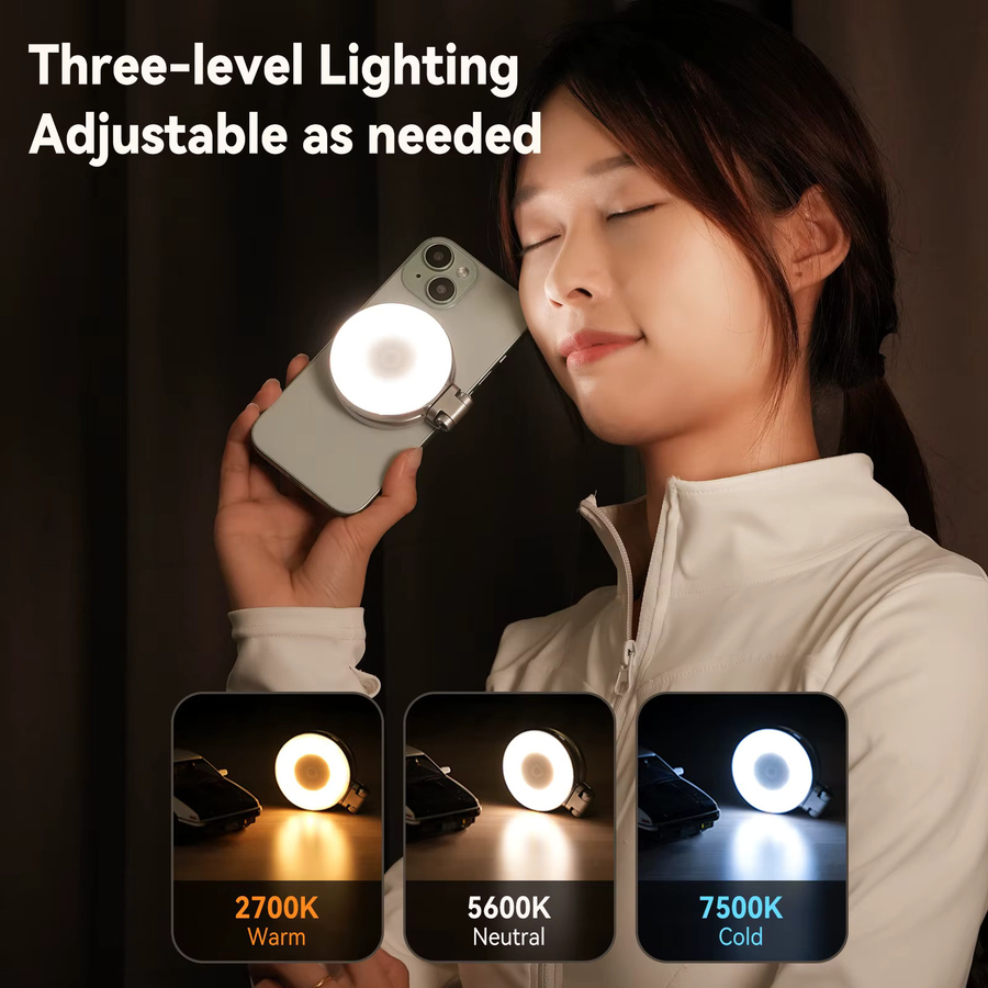TELESIN Magnetisches Mini-Selfie-Fülllicht in Weiß mit 3 Modi und einstellbarer Helligkeit für Smartphone, iPhone, Xiaomi, Huawei und Samsung - Bild 3