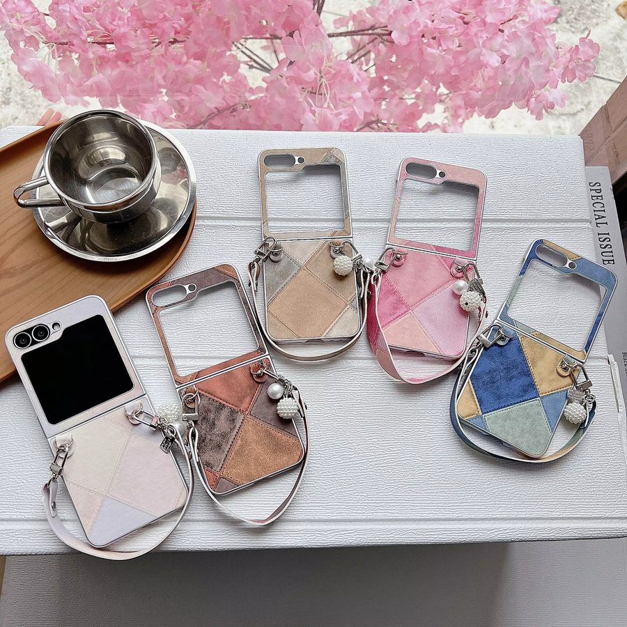 Luxus Retro Lederband Handyhülle für Samsung Galaxy Z Flip 4, Z Flip 5, Z Flip 6 und Z Flip 7 in White Multicolour, stoßfeste Abdeckung mit Handgelenkband - Bild 5