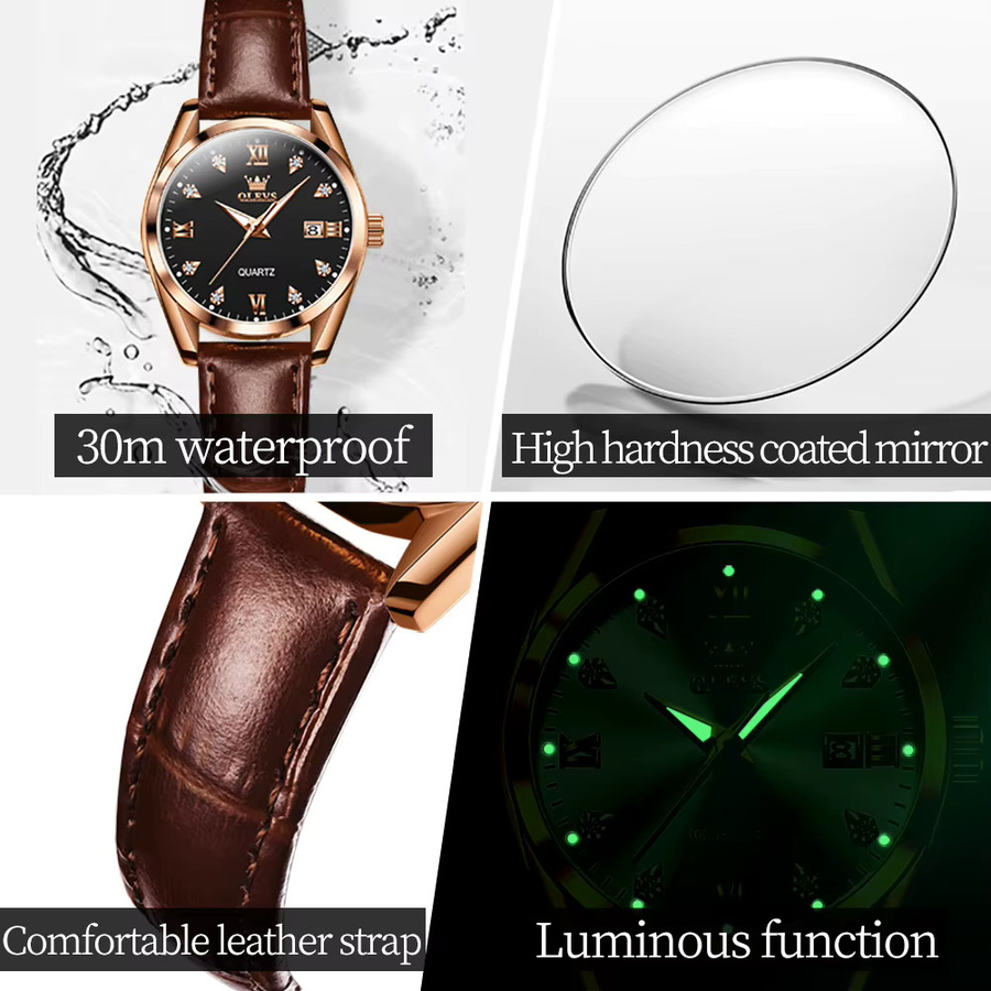 OLEVS Armbanduhr, Quarz, Lederarmband, Datum, Leuchtzeiger, Damen - Bild 4