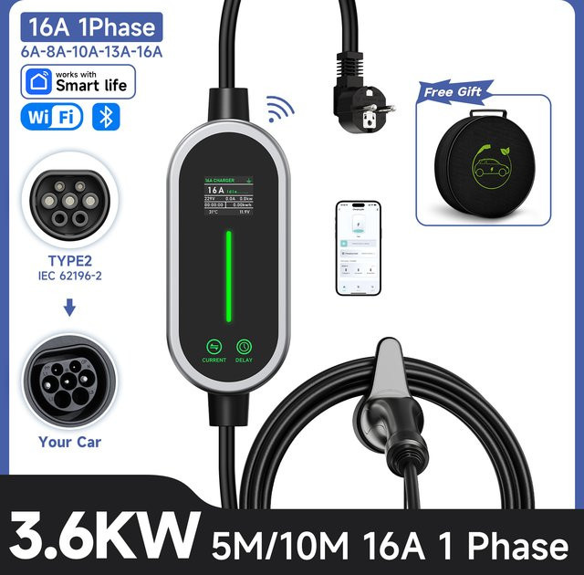 JNTAFEV Tragbares EV-Ladegerät Typ 2 IEC 62196-2 mit App-Steuerung und Wi-Fi, 3,6 kW, 16A, 1-phasiges Elektroauto-Ladegerät (EVSE) - Bild 1