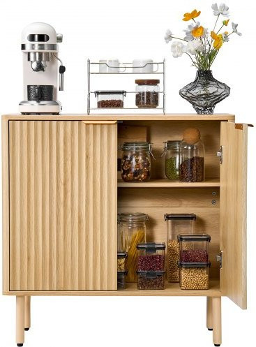 VEVOR Coffee Bar Cabinet im Mid-Century-Stil mit geriffeltem Design, Buffet-Schrank mit 2-stufigem Stauraum und 2 Scheunentüren, Farbe: Braun/Gold, B/T/H: 80 x 37,5 x 80 cm - Bild 1