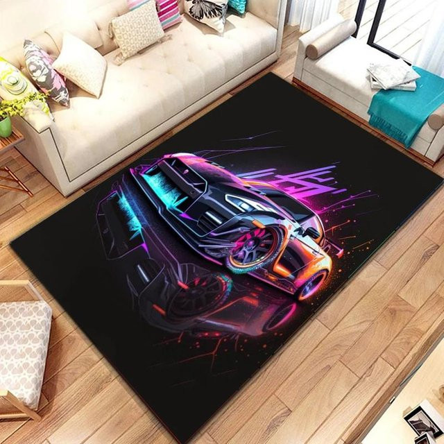 Rutschfester Teppich mit Rennwagen-Muster von HAISILK MOON in Schwarz, B/T: 90 x 60 cm - Bild 1