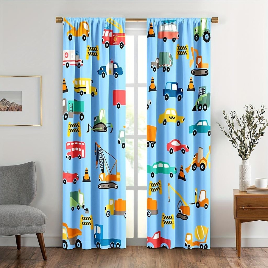 2er-Set Bauvorhänge für Kinder mit Traktor, LKW und Bagger Motiv, halbtransparent, Mehrfarbig, Breite: 150 cm, Höhe: 166 cm - Bild 2