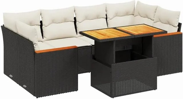vidaXL 7-teilige Garten-Sofagarnitur in L-Form aus schwarzem Poly-Rattan mit Kissen und pulverbeschichtetem Stahlrahmen - Bild 1