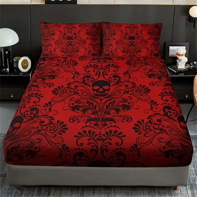 Binchi Fitness 3-teiliges Bettwäsche-Set mit Totenkopf- und Blumendesign, Farbe Rot, Material 100% Polyester, B/T/H: 120 x 200 x 25 cm - Bild 1