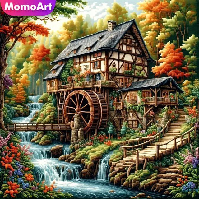 Momoart Diamantmalerei Haus und Landschaft als DIY Mosaik Set mit runden Steinen in Multicolor - Bild 1