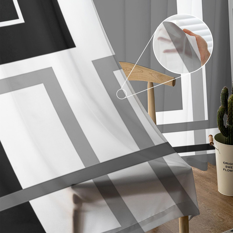 Transparente Tüll-Voile-Vorhänge von Household supplies MH mit abstraktem geometrischem Quadrat-Design in Schwarz und Grau, Breite: 135 cm, Höhe: 115 cm - Bild 3