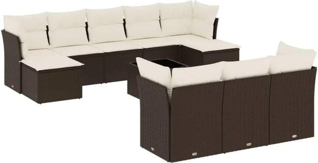 vidaXL 11-tlg. Garten-Sofagarnitur in U-Form aus Polyrattan mit Kissen, Braun - Bild 1