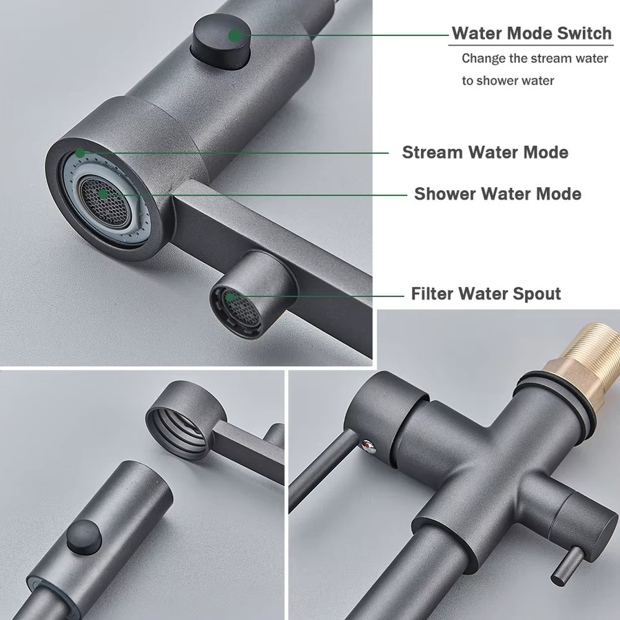 Ausziehbare 2-in-1 Küchenarmatur mit Wasserfilter aus Messing in Gold und Rosin für Trinkwasser und Warm-Kaltwasser-Mischbatterie - Bild 3