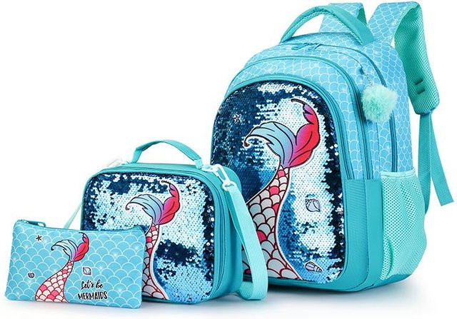 3-teiliges Meerjungfrau Schulrucksack-Set von Fancy Style Studio in Blau mit Brotdose für Mädchen - Bild 1