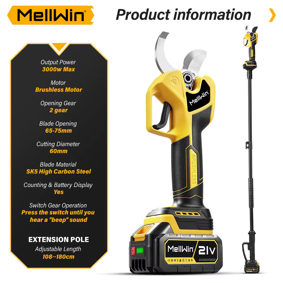 MELLWIN Bürstenlose Elektro-Astschere mit 60 mm Schneidkapazität und 180 cm Teleskopstange, 2-in-1 Gartenwerkzeug in Gelb, kompatibel mit Makita LXT 18V Akku - Bild 3
